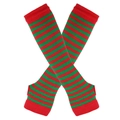 Detail view of red and green striped knitted arm warmers in a cross position - One Size / Red & Green Thin Stripes