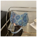 Blue denim crossbody bag with star patterns, frayed edges and silver chain strap - Colorful Star