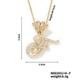 Macro shot of gold zircon butterfly and letter F pendant necklace with size dimensions - Butterfly Letter F Pendant Style (N00203J-H--F)