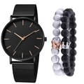 Minimalist black mesh watch and beaded crown bracelets gift set for men in rose gold accents - Black Watch Rose Gold Hands + Bracelets Set