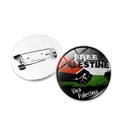 Macro view of a circular metal Palestine badge featuring a pin back and flag design - Silver-9 (Viva Palestine)