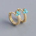Golden flower hoop earrings with sky blue stones and sparkling white zircons - 925 Silver / Gold (Turquoise Stone)