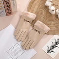 Beige faux suede winter gloves for women with plush cuffs and cute cat face embroidery - One Size / Heart-Khaki (Plush Lined)