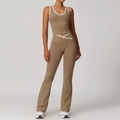 Brown high-waisted yoga set with white contrast piping and flared fitness pants - XL / Top And Bottom (Vest + Flare Pants) / Cocoa Brown