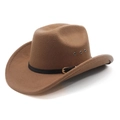 Detail of brown wool cowboy hat featuring metal air vents and black leather belt buckle - M (56-58cm) / Khaki