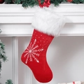 Red velvet Christmas stocking with white faux fur cuff and embroidered snowflake design - Red