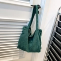 Retro dark green corduroy tote bag for women featuring a spacious casual shoulder design - Large Capacity / Green
