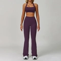 Halter neck sports bra and high waisted flared yoga pants set in deep plum purple color - S / Bra Style 1 + Flare Pants / Dark Purple