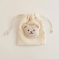 Cream corduroy drawstring pouch with a cute plush bear head for small accessories - Off-white (Beige Bear)
