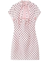 Detail of pink polka dot short dress featuring a high neck bow and teardrop cutout design - Pink Polka Dot