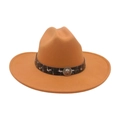 Khaki wide brim fedora hat with silver lion head emblem and black patterned belt - Camel