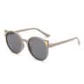 Kids round cat-ear sunglasses in khaki PC frame with dark lenses and gold cat-eye accents - Brown Frame Gray Lens