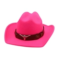 Pink western cowboy felt hat with brown leather band and silver bull head ornament - One Size / Rose Red (Brown Bull Head Decor)