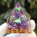 Orgone pyramid with amethyst stones, gold foil, and sacred geometry on resin - Amethyst Hexagram / Small