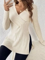 Slim fit cream white ribbed knit V-neck long sleeve top with stylish side slit detail - S / Tops / Apricot