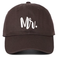 Detailed view of white Mr. embroidery on dark brown twill cotton baseball cap - Coffee Mr.