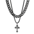 Double-layer dark grey stainless steel cross necklace with cuban and box chain - Vintage Black (KN201777-KFC)