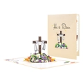3D pop-up Easter greeting card with He Is Risen text, cross and floral basket design - Easter He is Risen