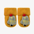 Thick warm yellow knit baby socks with red pom-poms and gray bell design for winter - 0-6 Months / Bell