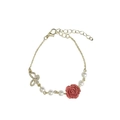 Elegant gold bracelet with white pearls, crystal butterfly, and coral pink rose charm - Camellia Red