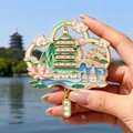 Handheld Hangzhou West Lake fan-shaped fridge magnet with Leifeng Pagoda and enamel pendant - BXT0180 City Landmark Pendant Style