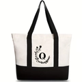 Canvas tote bag in black and white with letter Q floral print and large capacity - Letter Q / 46*12*31CM