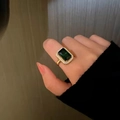 Adjustable gold-plated ring with emerald-cut green gemstone and halo of fine crystals - Emerald Look Rhinestone Style (H012)