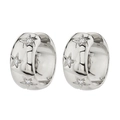 Close-up of polished silver hoop earrings with star engravings and micro-set zircons - Silver-White Zirconia