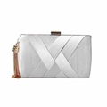 Silver satin evening clutch bag with woven pleats and gold tassel detail - Silver