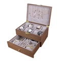 Wooden jewelry box with double layers, watch slots and drawers for rings, necklaces and earrings. - 3+7 Double Layer Watch and Jewelry Box / Walnut / Grey Inner