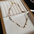 Detail view of beaded necklace with agate, ceramic beads, and golden lobster clasp - 29# Necklace - Gold - Natural Stone (Titanium Steel)