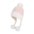 Pink and white Fair Isle knit earflap hat with pom poms for winter warmth and style - Pink