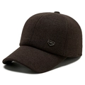 Dark brown wool texture winter baseball cap with plush ear flaps and sport metal shield - Adjustable / Coffee