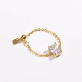 Detailed view of adjustable gold chain ring with square emerald zircon and heart charm - White Zircon - Gold