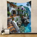 Detailed texture of Mediterranean landscape tapestry with white arches and blue sea - Gt202448