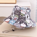 Detail view of cotton kids bucket hat featuring cartoon animal prints and adjustable chin strap - 54cm (3-8 Years) / Gray