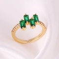Adjustable gold plated ring featuring four rectangular green zircons on white silk - Adjustable Open / Green Rhinestone