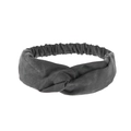 Detail of dark grey elastic headband featuring a stylish twisted knot and matte suede texture - Gray