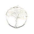 Macro view of Tree of Life pendant with silver wire and translucent white crystals - 3cm / Silver + Opal