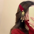 Ethnic style red velvet headband with golden bell tassel and alloy earrings detail - Ethnic Style Side Hair Clip / 17# Red Velvet With Gold Bell Hair Clip