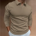 Slim fit khaki long sleeve polo shirt for men with vertical stripes and V-neckline - Khaki