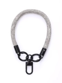Close-up of grey woven phone lanyard with black metallic rings and rotating snap hook - Storm Gray