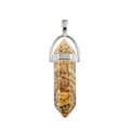 Hexagonal point pendant in natural yellow jasper stone with silver clasp on white background - Jasper