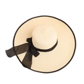 Close-up of the fine straw weave texture and elegant black chiffon ribbon bow on the sun hat - M (56-58cm) / Cream