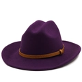 Detail of purple wool fedora hat with a brown braided band on a clean white background - M (56-58cm) / Purple