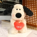 Cute plush puppy toy holding a red heart with LOVE embroidery in soft white faux fur - 30cm Heart Hugging Dog