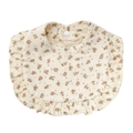 Soft cotton baby bib with ruffle trim and pink floral print on cream fabric - White Pink Flower