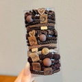 Brown elastic hair tie set with smiley face tag and heart charms in a storage box - 15 Piece Set / Cocoa Brown