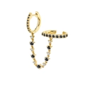 Golden double hoop ear chain with black crystals and integrated ear cuff design - Single Piece / Black/Gold
