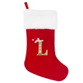 Detail of red velvet Christmas stocking featuring a large golden embroidered letter L - Large Letter L / 20 inch